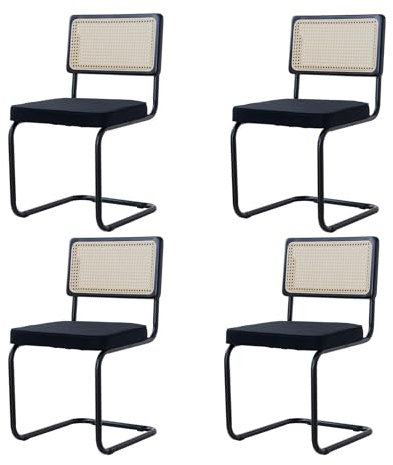 BenyLed Pack 4 Sillas de Comedor Estilo Nórdico Silla Escandinava; Sillas de Cocina Modernas con Respaldo de Madera Maciza de Ratán y Asiento Tapizado (Negro holandés Terciopelo)