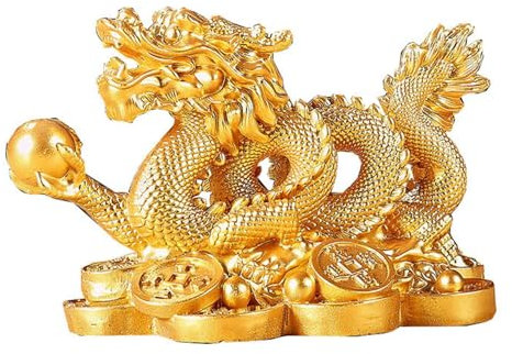 Wilitto Statue de Dragon Feng Shui 2024 en Or, Figurines de Dragon Chinois, Sculpture de Dragon du Nouvel an, Attire la Richesse, la prospérité et la Bonne Chance pour Le Bureau et la Maison Doré S