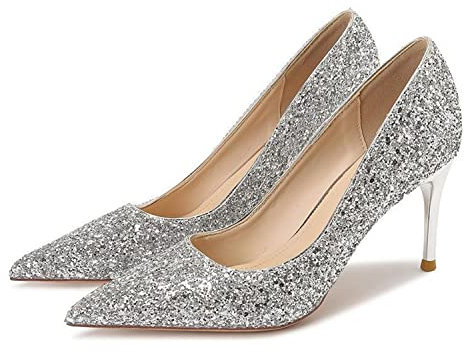 Klassische und sexy Damen-Pumps zum Hineinschlüpfen mit Spitzen Zehen und 7,9 cm hohen Stiletto-Absätzen, Glitzer-Pailletten-Pumps, Hochzeit, Brautparty, Absätze, Abendschuhe für Freizeit,Silber,38