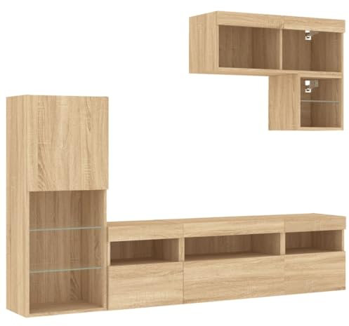 vidaXL Wohnwand 6-TLG., Schrankwand mit viel Stauraum, Anbauwand mit LED-Beleuchtung, Wandmontage Fernsehschrank Wohnzimmer Set Schrank, Sonoma-Eiche Holzwerkstoff