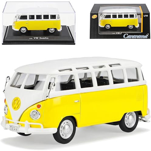 Cararama VW Volkswagen T1 Gelb Weiss mit Dachfenster Samba Bully Bus 1950-1967 mit Sockel und Vitrine 1/43 Modell Auto