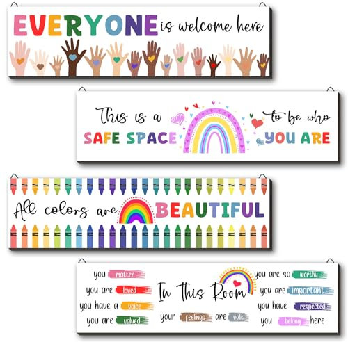 Wanddekoration, Aufschrift Everyone is Welcome Here, 7,6 x 29,2 cm, Wanddekoration, inklusive Klassenzimmer-Dekoration, fertig zum Aufhängen, für Kinderzimmer, Klassenzimmer, Schlafzimmer,