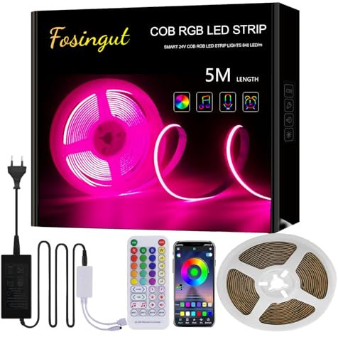 Fosingut LED Strip 5M RGB COB LED Streifen, 840LED/M Musik Sync Smart LED Lichterkette Band Lichtleiste,24V Dimmbar Indirekte Beleuchtung Wand led TV Hintergrundbeleuchtung für Küche Bett Zimmer Deko