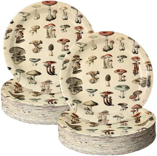 Zopeal 60 Stück Vintage Pilz Pappteller 22,9 cm, elegante Pilz Party Teller Frühling Sommer Retro Einweg Speiseteller für Geburtstag Hochzeit Babyparty Tee Party Dusche
