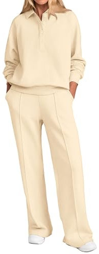 PRETTYGARDEN 2-teiliges Damen-Outfit, Sweatsuits, Viertelknopf, langärmelig, Sweatshirt, weites Bein, Hose, Trainingsanzug, Lounge-Sets, Beige, X-Large
