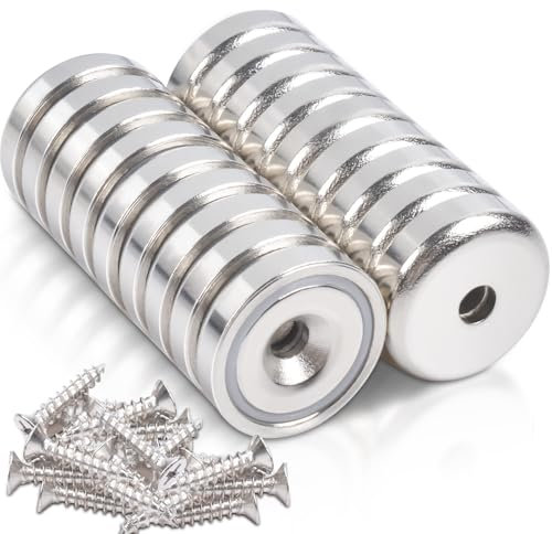 18 Stück Neodym Magnete Extra Stark 10 KG Kraft 20 X 7 mm mit Loch und Kapsel, Senkkopf-Topfmagnet mit Schrauben und Stahlkissen, Magnete Stark für Küchen, Badezimmer, Magnettafel, Büros