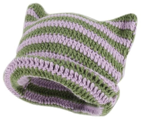 Cat Ear Beanie Wintermützen Mit Katzenohren Beanies Gestreifte Katzenmütze Y2k Strickmütze Elastische Mütze Beanies Wintermütze Y2k Gothic Accessoires Kawaii Winter Handmade