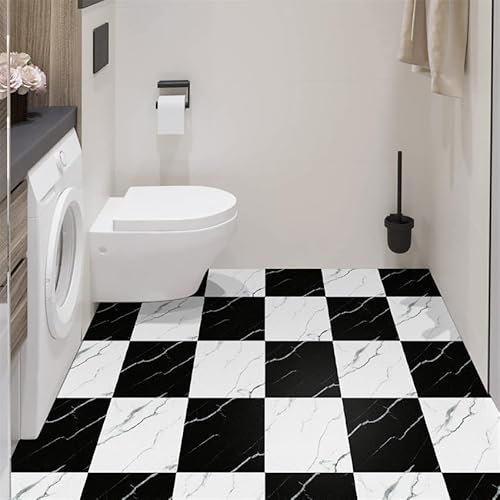 Piastrelle Adesive Cucina Bianco Nero Piastrelle Adesive Bagno Pavimento Pavimento PVC Adesivo Impermeabile Piastrelle Bagno Durevole Mattonelle Adesive Cucina 20x20cm/10 pcs