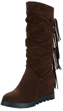 Stivali da donna con zeppa Stivali medi in cotone caldo spesso foderato Stivali da neve moda Stivali invernali in camoscio con tacco alto Stivali a nappa interni aumento, Marrone 1, 37 EU