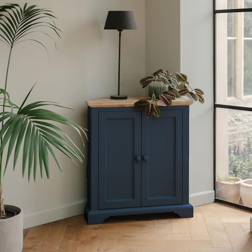 Florence Navy Blue Corner Sideboard, Compact Cupboard with Shelf | W78cm x D35cm x H85cm | Fully Assembled Cabinet Dining Living Room Furniture