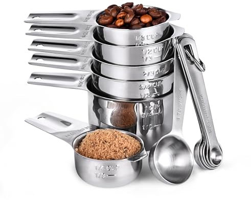 U-Taste Tazas y cucharas medidoras, 12 piezas: utensilios de medición de metal para cocina de acero inoxidable 18/8, cucharas apilables resistentes para ingredientes alimentarios secos y líquidos
