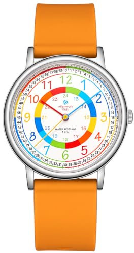 Alienwork Lernuhr Kinderuhr Jungen Mädchen Silber Silikon-Armband Orange Mehrfarbig Kinder-Uhr Zeit Lernen Ultra-flach dünn