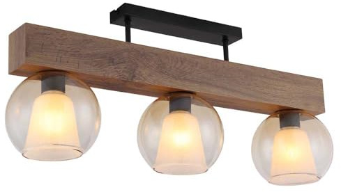 Ceiling Light Wooden Dining Room Lamp 3-Bulb Glass Amber L 74 cm