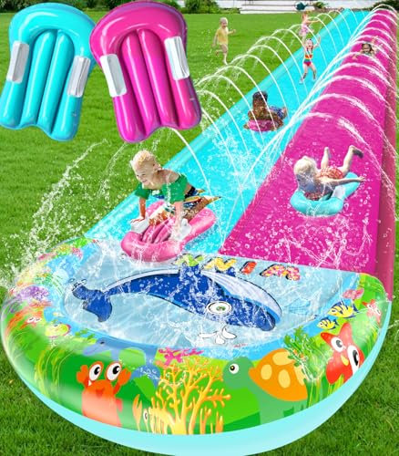 33ft Non-Slip Lawn Water Slide for Kids Adults, Extra Long Dual Lanes and Side Fences, Giant Water Slide with Splash Pool, 2 Inflatable Boards