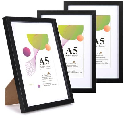 Scholartree Schwarzer A5 Bilderrahmen,mit Ständer, Tisch- oder Wandbehang, A5-Bilderrahmen aus Holz mit Passepartout