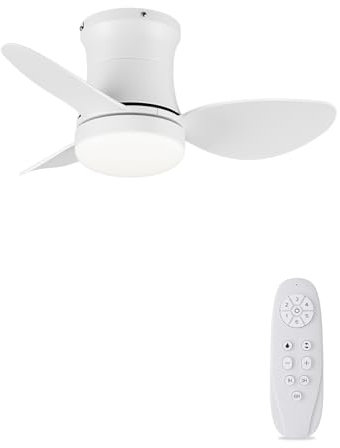 AUTODAY Ventilateur De Plafond Petit Silencieux Dc Ventilateur Plafond Avec Lumiere 6 Vitesse Réversible 3 Pales, Mini Led Avec Telecommande,Fonction Mémoire,Minuterie (Blanc)
