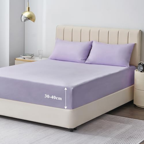 Aisbo King Size Fitted Sheet Lavender - Extra Deep Pocket Bed Sheet 16 inch 40 cm - Microfiber Bottom Sheet, 150x200cm