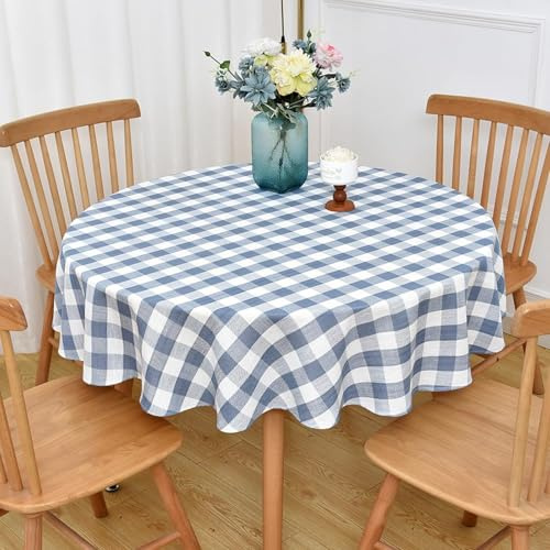 Yofori Gingham Round Tablecloth, 53 inch, Blue | Diameter 135 cm, Cotton Blend Checkered Circular Table Cloth, Round Table Cover for Kitchen Dining Outdoor Picnics