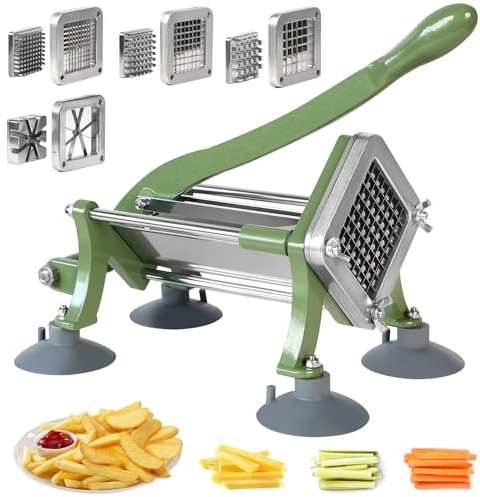 French Fry Cutter Commercial Grade, Heavy Duty Potato Slicer, French Fries Cutter for Sweet Potato, Carrot, Yam, Cucumbers with 3/8 1/2 1/4 and 8 wedge Stainless Steel Blade, Green