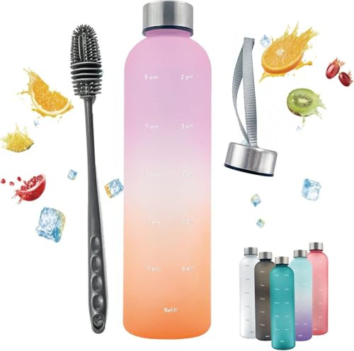1L Water Bottle,Motivational Time Markings,Non-Toxic BPA Free Plastic Water Bottle,Leak-Proof,1 litre Sports Bottle,1000ml Drinks Bottle for Gym,School,Cycling,Camping(Pink+Orange+cover+brush)