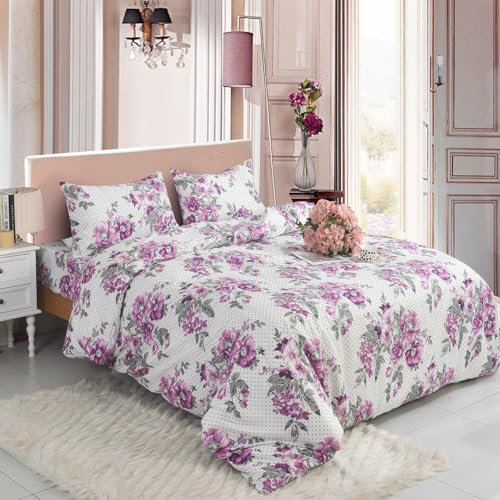 4 Piece Printed Bedding Set Duvet Cover, Deep Fitted Sheet & 2 Pillowcases Single, Double, King, Super King Sizes Soft Microfiber, Wrinkle-Resistant, Easy Care (Double, Delight Lilac)