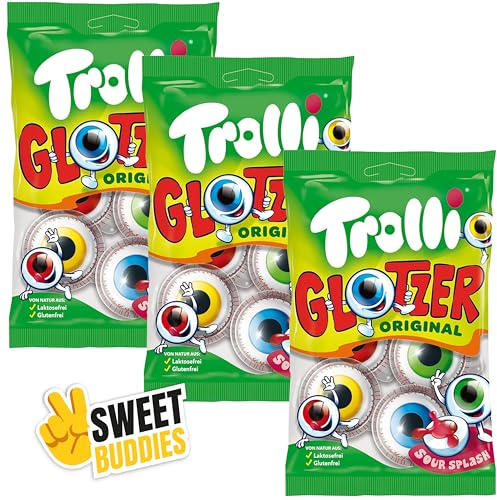 Glotzer 3er Pack (3x4 Stück) – Prickelnd-saure Fruchtgummi-Augen | mit flüssiger Füllung, Kultige Süßigkeiten für Halloween & Partys, Laktosefrei, glutenfrei, Inkl. Sweet Buddies Aufkleber