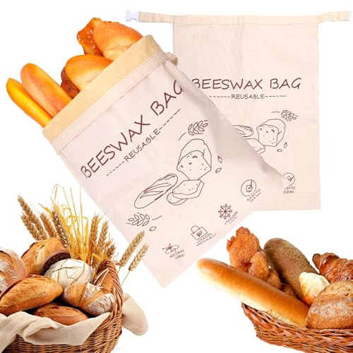 BOXOB 2 Pcs Beeswax Bread Bags for Homemade & Sourdough Bread, Extra Large Reusable Freezer-Safe Beeswax Food Storage Bags with Unique Clip Design for Keeping Loaf Fresh