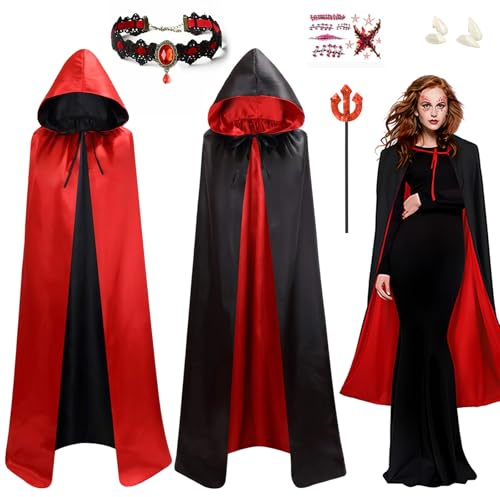 Hook Halloween Teufel Kostüm Damen – Roter Teufel Umhang mit Kapuze | Haarreif mit Teufelshörnern, Gotische Teufelskette & Temporäres Teufel Tattoo, Kostüm Zubehör für Fasching, Mottoparty