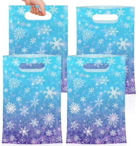 50 Pcs Winter Snowflake Gift Bags, Plastic Frozen Goodie Bags with Handles, Blue and Purple Candy Goodie Party Favor Bag for Winter Wonderland Christmas Birthday Decorations Frozen Party Supplies