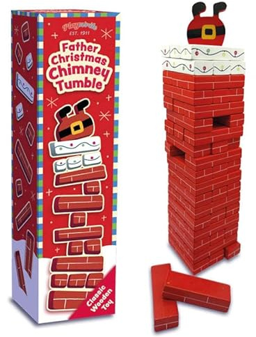 Playwrite Father Christmas Chimney Tumble Wooden Stacking Block Game – Festive Christmas Tower Game for Kids and Families