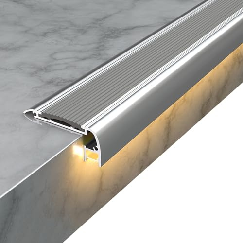 Perfil de Borde de Escalera con Canal LED, Tiras Antideslizantes con Ranura para Luz LED, Protector de Nariz de Escalera de Aluminio(Gray,150cm/59in)