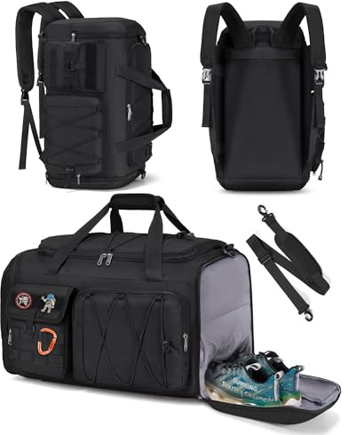 RAINSMORE 45 l sportväska för herrar och damer, 3-i-1 reseväska med skofack och våtfack, vattentät gym duffle bag, träningsväska för utomhus, fitness, resor, svart, 54 cm x 30 cm x 29 cm, Klassisk