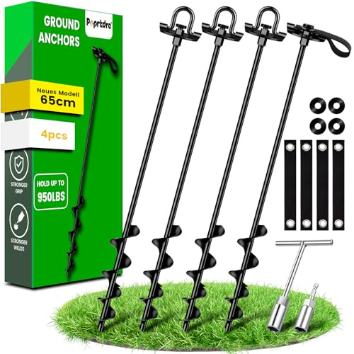 Erdanker Schwerlast 4 Pack (65cm)– Trampolin Erdanker für Garten, Schuppen | Spiral Bodenanker mit versteckter Öse, Rasenmäherfreundlich, Montage mit Bohrmaschine oder T-Griff, Sturmfest