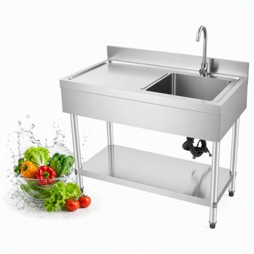 Lavelli da cucina commerciali 100 x 60 x 80 cm, in acciaio inox con capacità di carico 300 kg. Lavello in acciaio inox spazzolato con 1 vasca (a destra) con rubinetto, tubo di scarico, filtro per