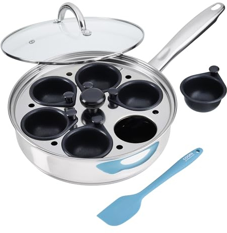 Cooks Professional 6 Cup Stainless Steel Egg Poacher Pan with Spatula, Glass Lid, Non-Stick Coating & Stay Cool Handles | Versatile Egg Poaching or Sauté Cooking Pot | All Hobs Compatible & Oven Safe