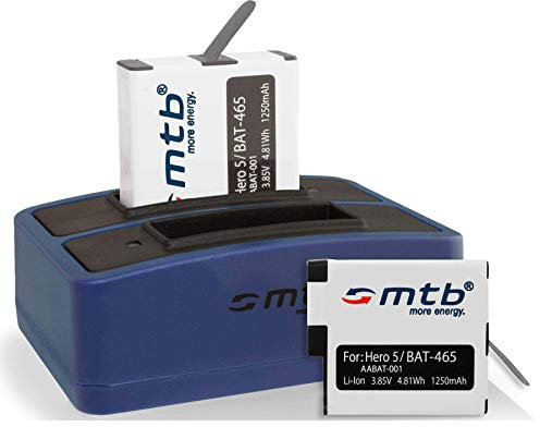 2 Batterie (1250mAh) + Caricabatteria doppio (USB) per AABAT-001 / Per GoPro Hero 5, Hero 6 - Compatibile con tutti i firmware (V2.51+)- Cavo USB micro incluso