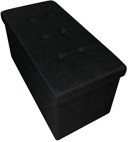 HomeHarmony® Quilted Top Folding Storage Ottoman Seat, Stool, Toy Storage Box Linen Look (Black, Large)