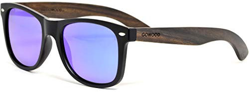 Sonnenbrille Damen & Herren Holz | Premium Ebenholzbügel Schwarzer Acetatrahmen | Holzbrille UV400 Polarisiert Gläser | Damen & Herren Sonnenbrille UV Schutz | (blau)