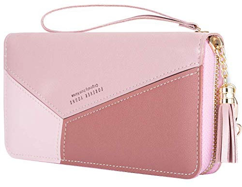 Portafoglio Donna Portamonete in Pelle Squisita PU, 6 Scomparti per Carte con 1 Finestra di Identificazione 1 Sezione di Fattura e 1 Tasca con Cerniera per Donna, Rosa