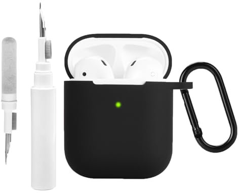 Teyomi Funda de Silicona Compatible con AirPods 2 y 1 con Kit de Limpieza, Funda Protectora Compatible con Apple AirPods 2&1 con mosquetón, Funda Suave para Airpods 1&2 (Negro)