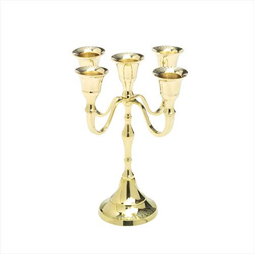 NKlaus Kerzenständer 5 armig 18cm hoch Messing Gold glänzend Kandelaber für Kerzen Ø 2cm Tafelkerzen Stabkerzen modern Klassiche Optik Dekoration Hochzeit 2879