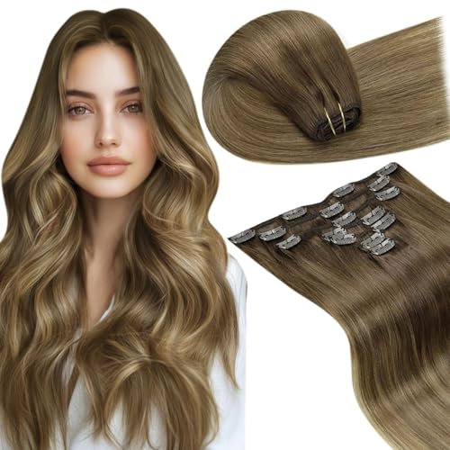 LaaVoo Echthaar Extensions Clip Balayage Braun Clip in Extensions Echthaar Remy Human Hair Mittelbraun Ombre Hellbraun Blond Haar Extensions Echthaar Clips fur Kompeltte 45cm 105g 7pcs #6/8/14