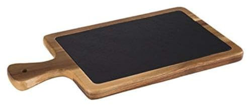 APS Servierbrett 2-teilig, 40 x 15 cm, rustikales Holzbrett, Schneidebrett aus Akazienholz, Brett aus Holz mit Naturschieferplatte