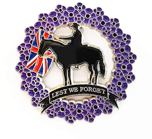 Violette Mohnblumen-Anstecknadeln, Tier, Hund, Pferd, Haustier, Aufschrift Lest We Forget Remembrance Day, Union Jack-Flagge