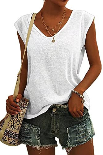 ASKSA Women V Neck Cap Sleeve T-Shirt Summer Solid Color Tank Top Casual Loose Shirts Basic Tee Tops (White,XL)