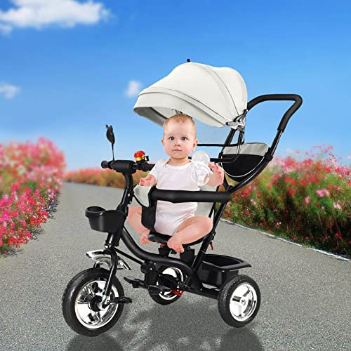 HUOLE 4 in 1 Kinderdreirad Tricycle für Kinder ab 12 Monate bis 5 Jahren mit Abnehmbarer Sonnendach&Schubstange Dreiräder,Jogger, mit Dachfenster, Sicherheitsgurte, Freilaufrad,Grau
