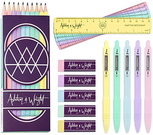 Ashton and Wright - Klassische HB-Bleistifte, 15 cm Lineale, Radiergummis, Z-Grip glatt – Pastell-Set mit 25 Stück.