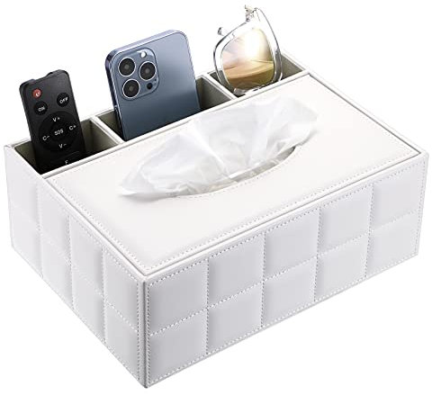 BTSKY Rechteckige Taschentuchbox aus PU-Leder mit Fernbedienung – Schreibtisch-Tücherhalter, Organizer, Aufbewahrungsbox, Halter, Fernbedienungsbehälter, Weiß