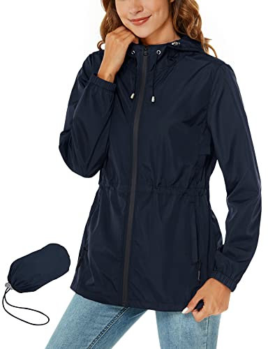 Rapbin Imperméable pour femmes, veste de pluie légère et pliable, avec capuche et poche, style trench-coat, bleu marine, L