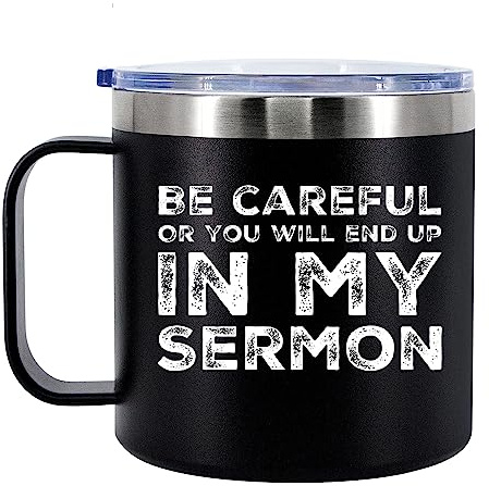 Panvola Be Careful Or You'll End Up In My Sermon Tumbler 14oz Black | Faith Gift Church Gifts Insulated Coffee Cup With Handle And Lid 304 Stainless Steel Camping Travel Mugs